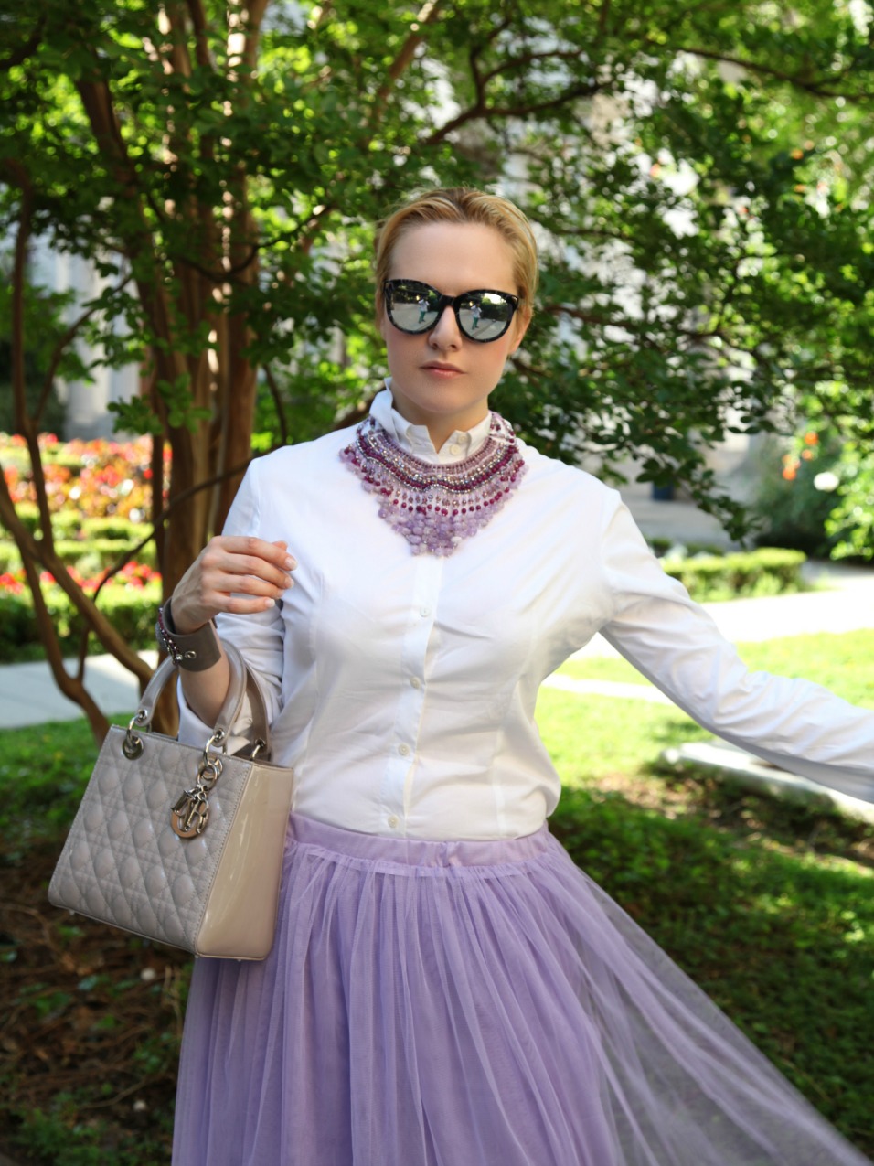 Tulle skirt in viola e gioielli preziosi, alessia milanese, thechilicool, fashion blog, fashion blogger, lady dior bag, rock stud shoes valentino