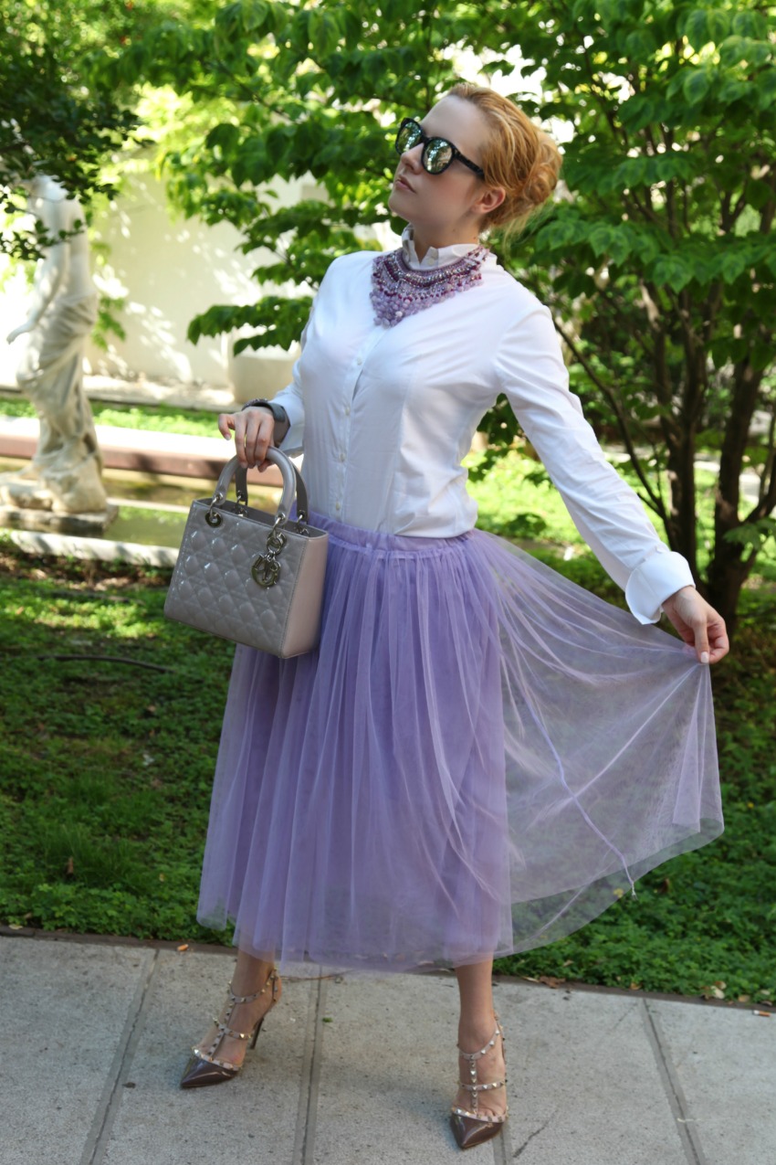 Tulle skirt in viola e gioielli preziosi, alessia milanese, thechilicool, fashion blog, fashion blogger, lady dior bag, rock stud shoes valentino