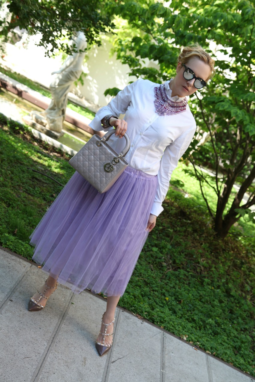 Tulle skirt in viola e gioielli preziosi, alessia milanese, thechilicool, fashion blog, fashion blogger, lady dior bag, rock stud shoes valentino
