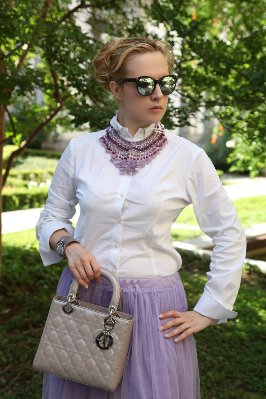 Tulle skirt in viola e gioielli preziosi, alessia milanese, thechilicool, fashion blog, fashion blogger, lady dior bag, rock stud shoes valentino