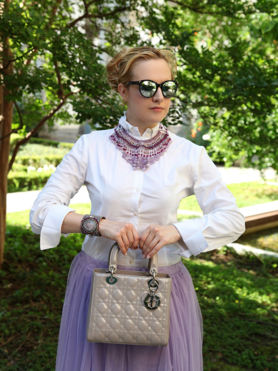 Tulle skirt in viola e gioielli preziosi, alessia milanese, thechilicool, fashion blog, fashion blogger, lady dior bag, rock stud shoes valentino